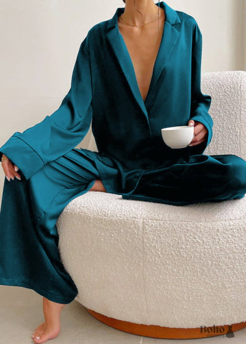 Boho Sleepwear, Pajamas Set, PJ Satin Corinne in Black, Blue Green and Green